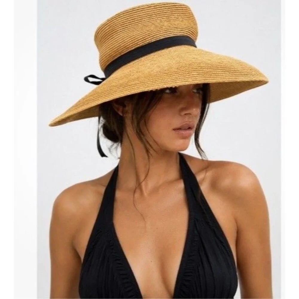 Annabel Ingall Tan Straw Sun Hat Wide Brim Black Ribbon Packable Australia